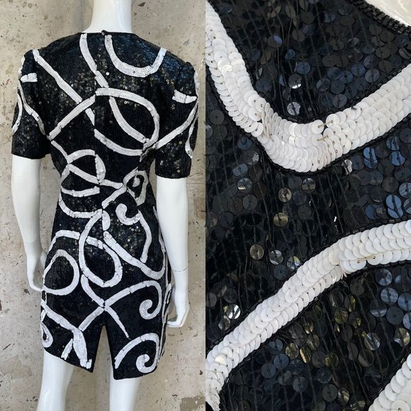 Vintage 80’s/90’s Sequined Dress by Lawrence Kazar, Black & White Swirls, M - Picture 2 of 5